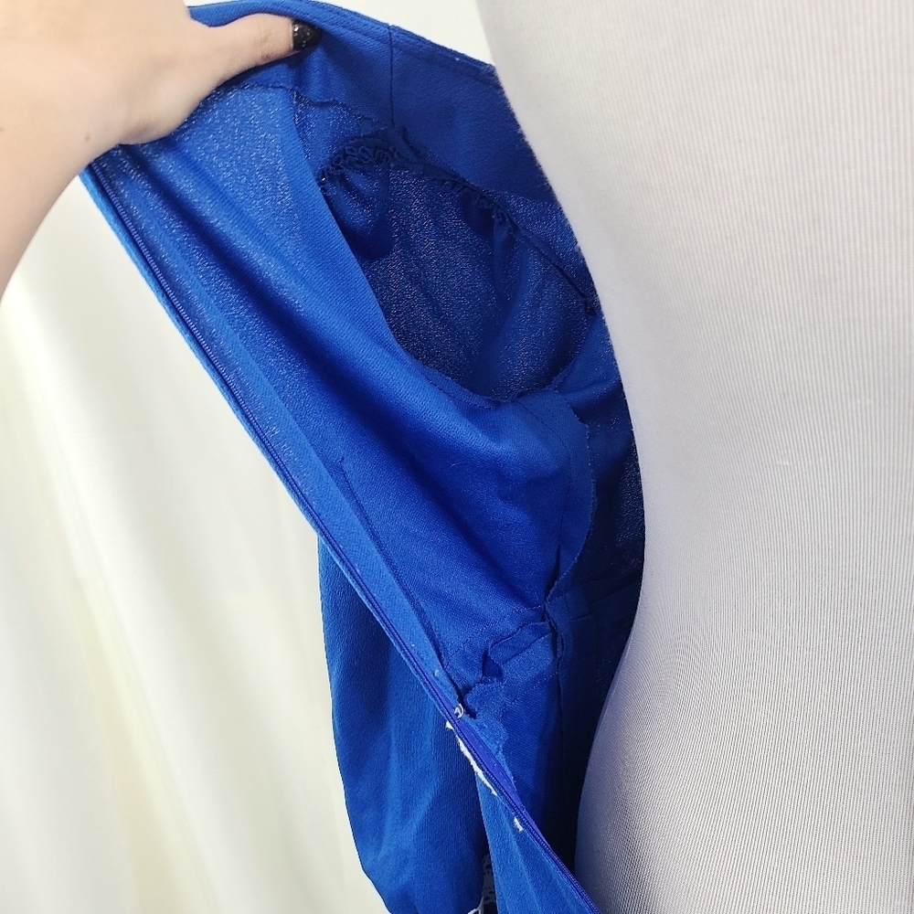 Vintage 70s Royal Blue White Lace Maxi Dress Empire Waist - Picture 6 of 6